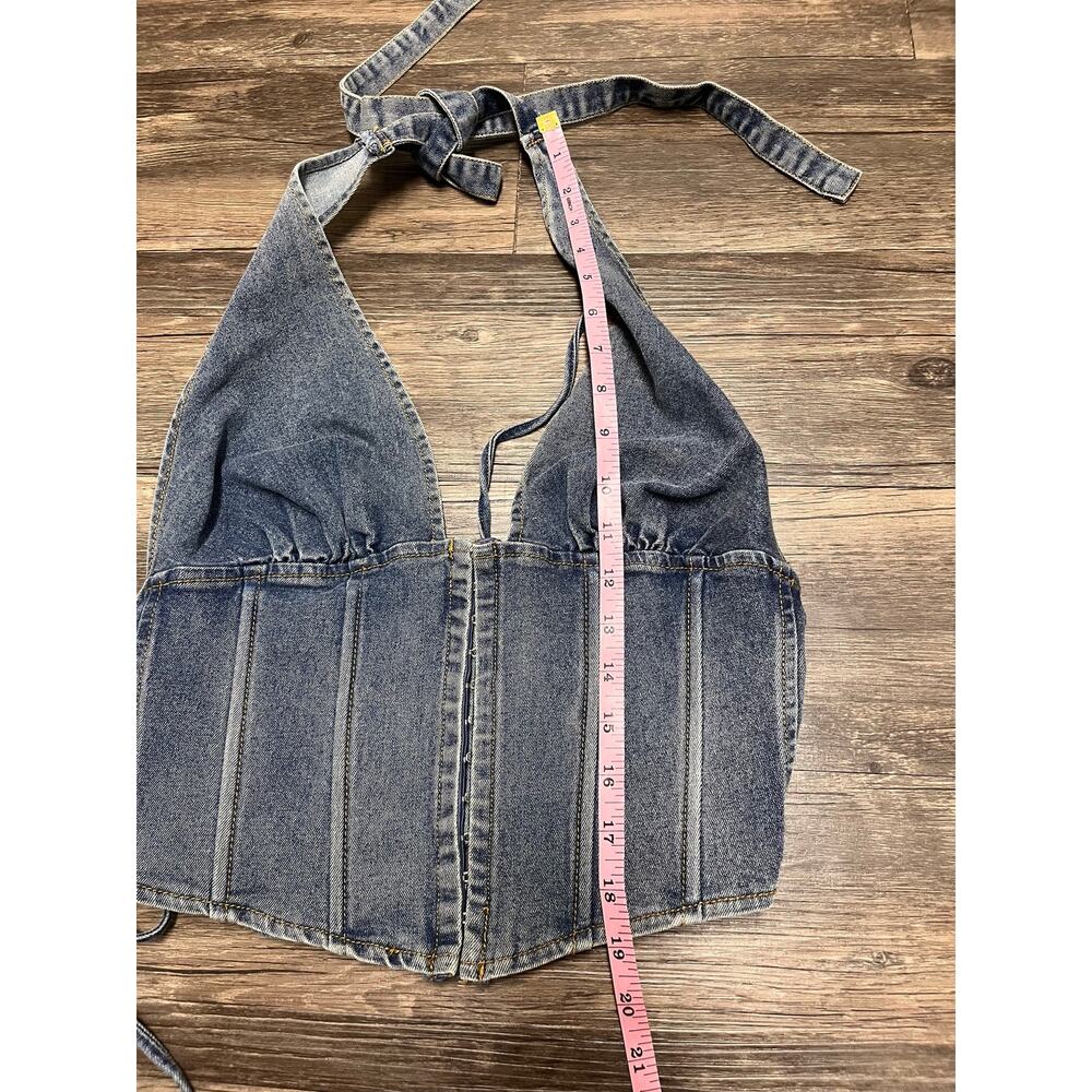 Windsor Denim Halter Corset Top Lace Up Sz S Y2K Hook Eye Jean Bustier Coquette - Picture 6 of 7